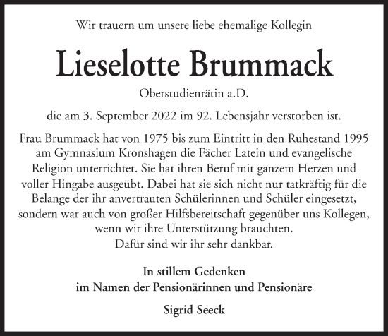 Traueranzeige von Lieselotte Brummack von Kieler Nachrichten