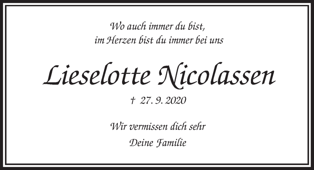  Traueranzeige für Lieselotte Nicolassen vom 27.09.2022 aus Kieler Nachrichten