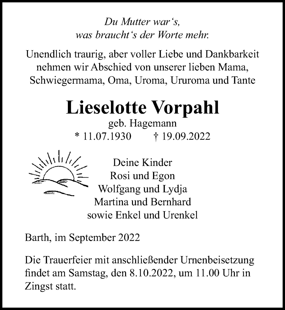 Traueranzeige für Lieselotte Vorpahl vom 24.09.2022 aus Ostsee-Zeitung GmbH