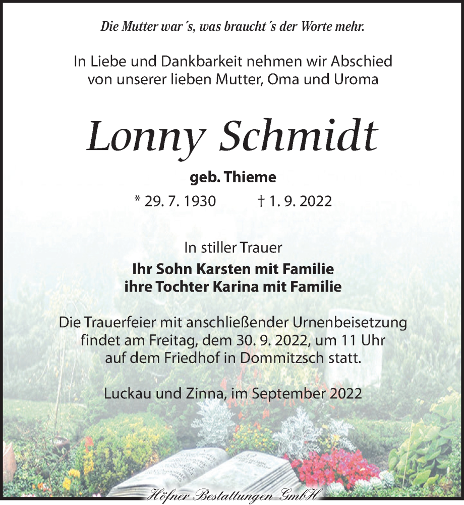  Traueranzeige für Lonny Schmidt vom 17.09.2022 aus Torgauer Zeitung