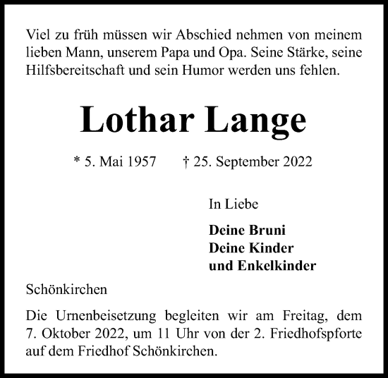 Traueranzeige von Lothar Lange von Kieler Nachrichten