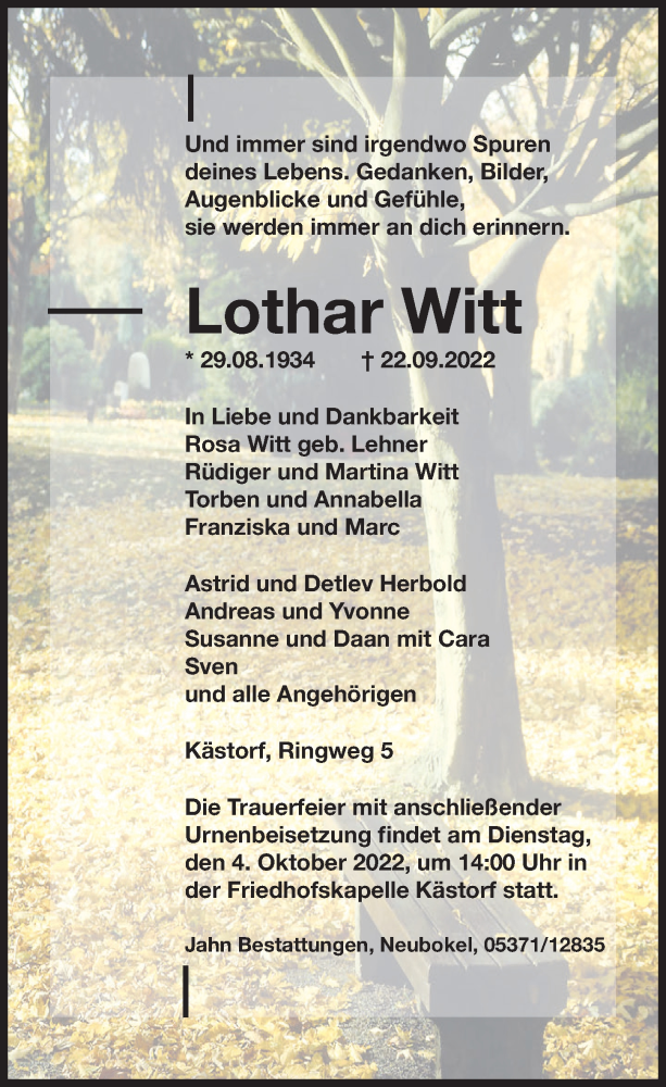  Traueranzeige für Lothar Witt vom 27.09.2022 aus Aller Zeitung