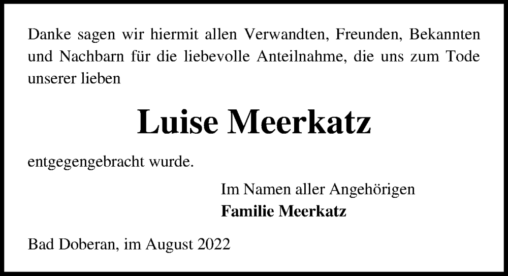  Traueranzeige für Luise Meerkatz vom 03.09.2022 aus Ostsee-Zeitung GmbH