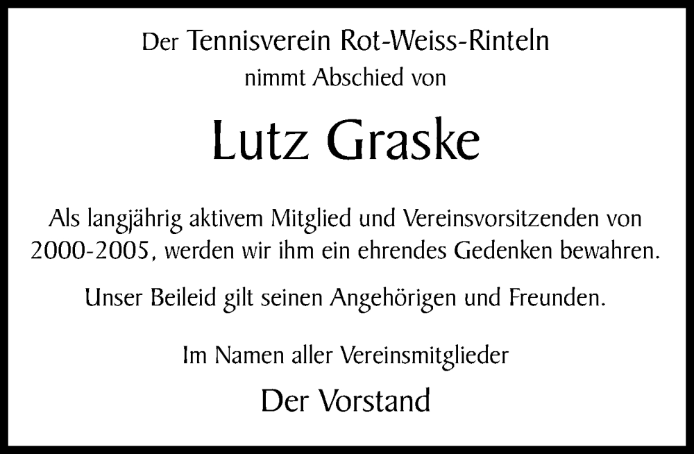  Traueranzeige für Lutz Graske vom 17.09.2022 aus Schaumburger Nachrichten