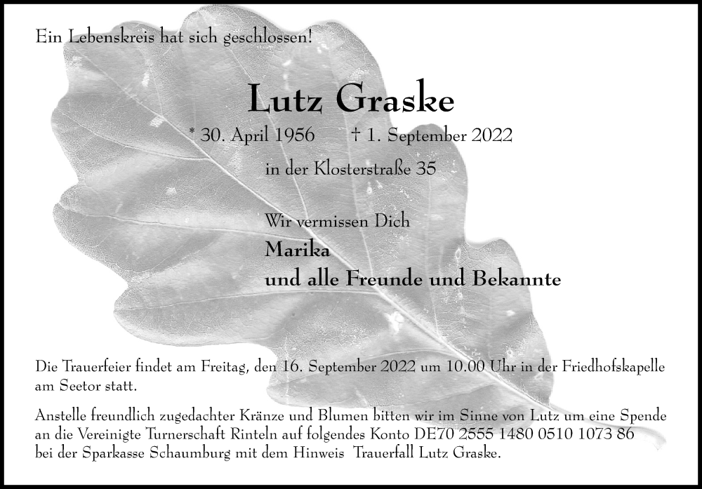  Traueranzeige für Lutz Graske vom 12.09.2022 aus Schaumburger Nachrichten