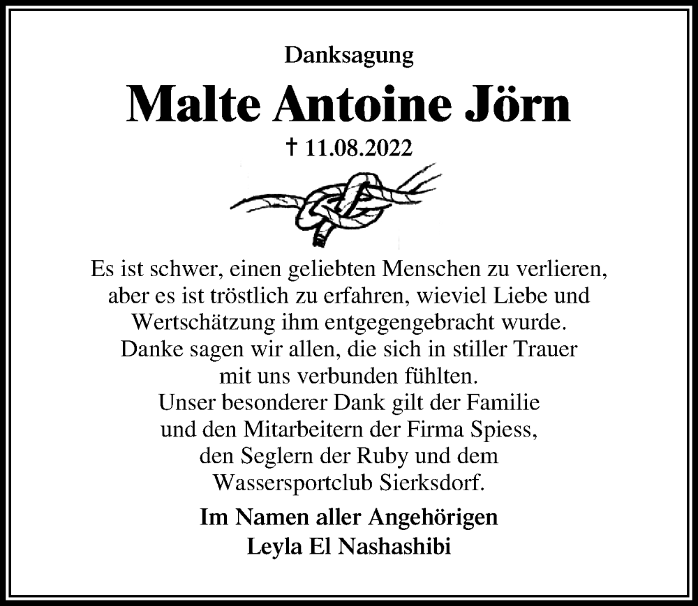  Traueranzeige für Malte Antoine Jörn vom 11.09.2022 aus Lübecker Nachrichten