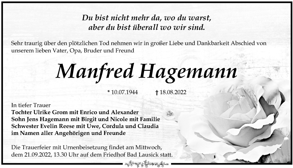  Traueranzeige für Manfred Hagemann vom 03.09.2022 aus Leipziger Volkszeitung