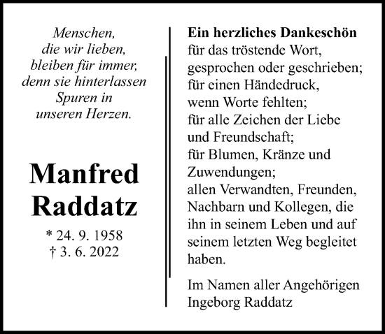 Traueranzeige von Manfred Raddatz von Ostsee-Zeitung GmbH