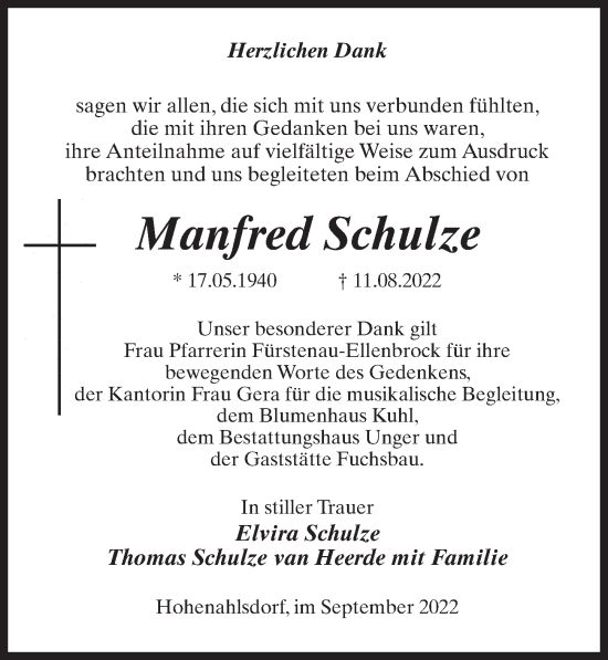 Traueranzeige von Manfred Schulze von Märkischen Allgemeine Zeitung