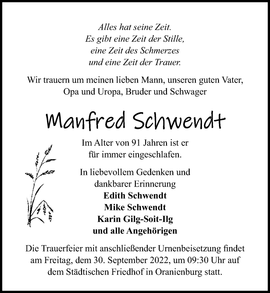  Traueranzeige für Manfred Schwendt vom 24.09.2022 aus Märkischen Allgemeine Zeitung
