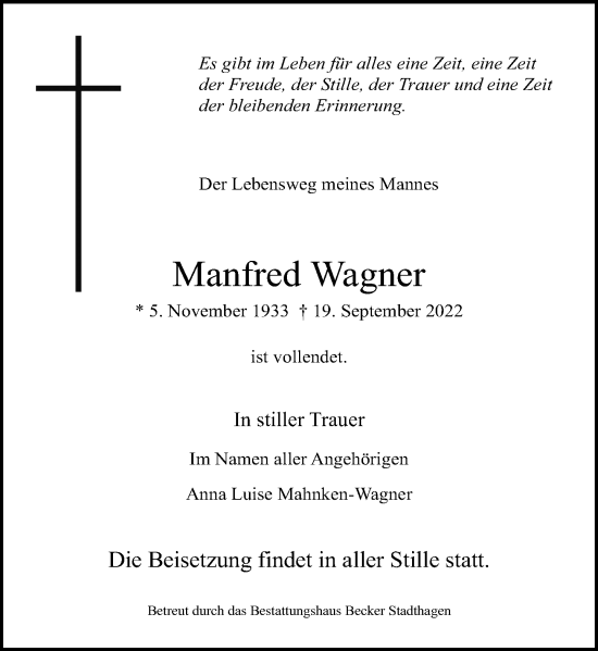 Traueranzeige von Manfred Wagner von Schaumburger Nachrichten