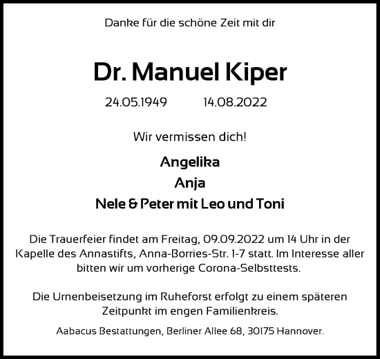 Traueranzeige von Manuel Kiper von Hannoversche Allgemeine Zeitung/Neue Presse