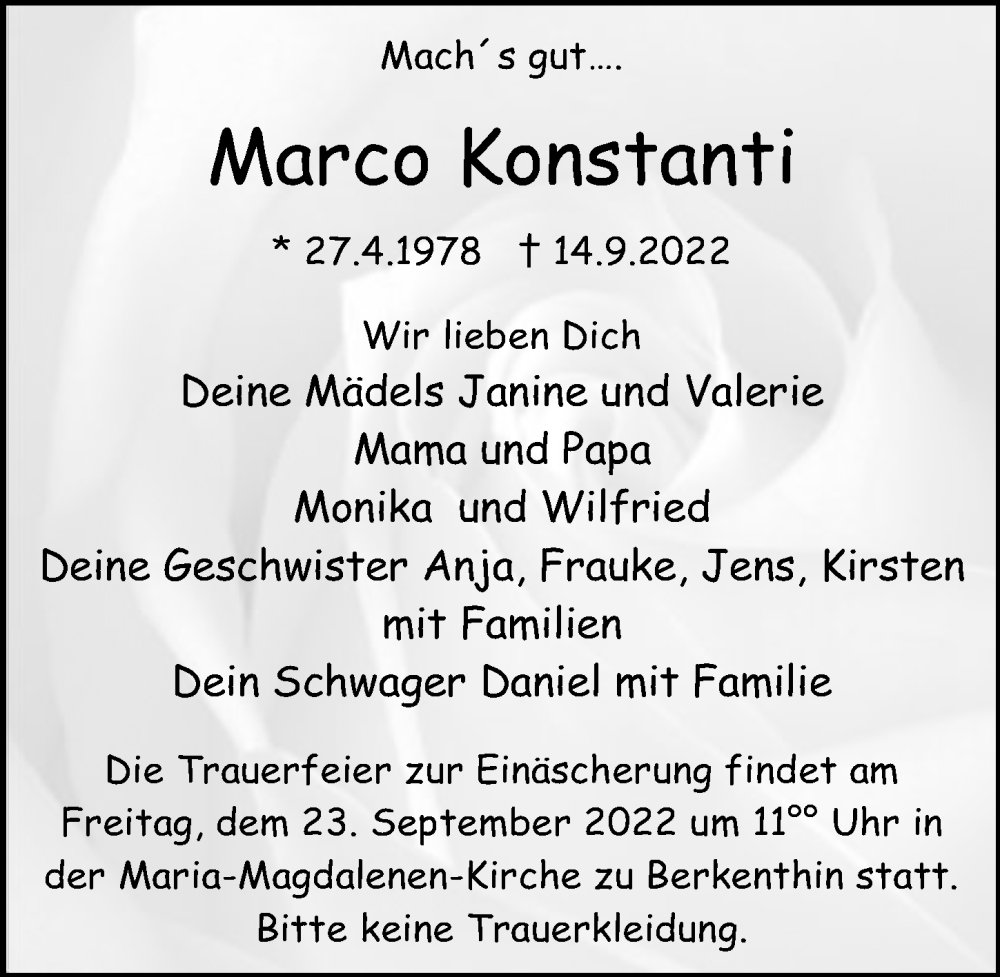  Traueranzeige für Marco Konstanti vom 18.09.2022 aus Lübecker Nachrichten