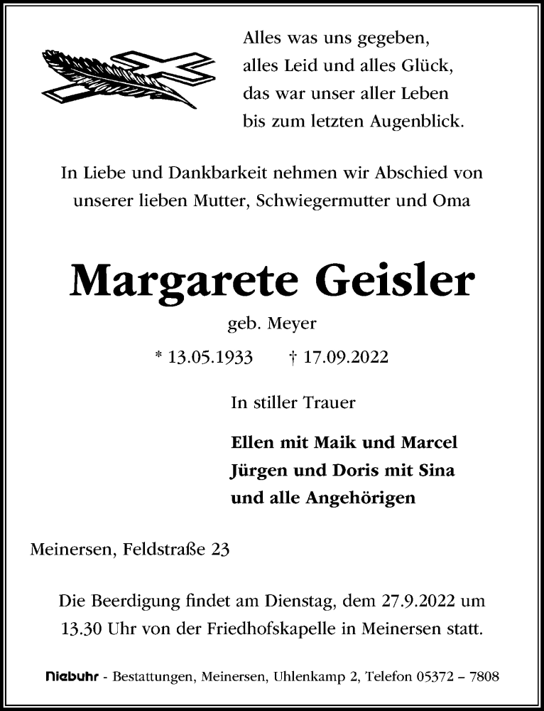  Traueranzeige für Margarete Geisler vom 22.09.2022 aus Aller Zeitung
