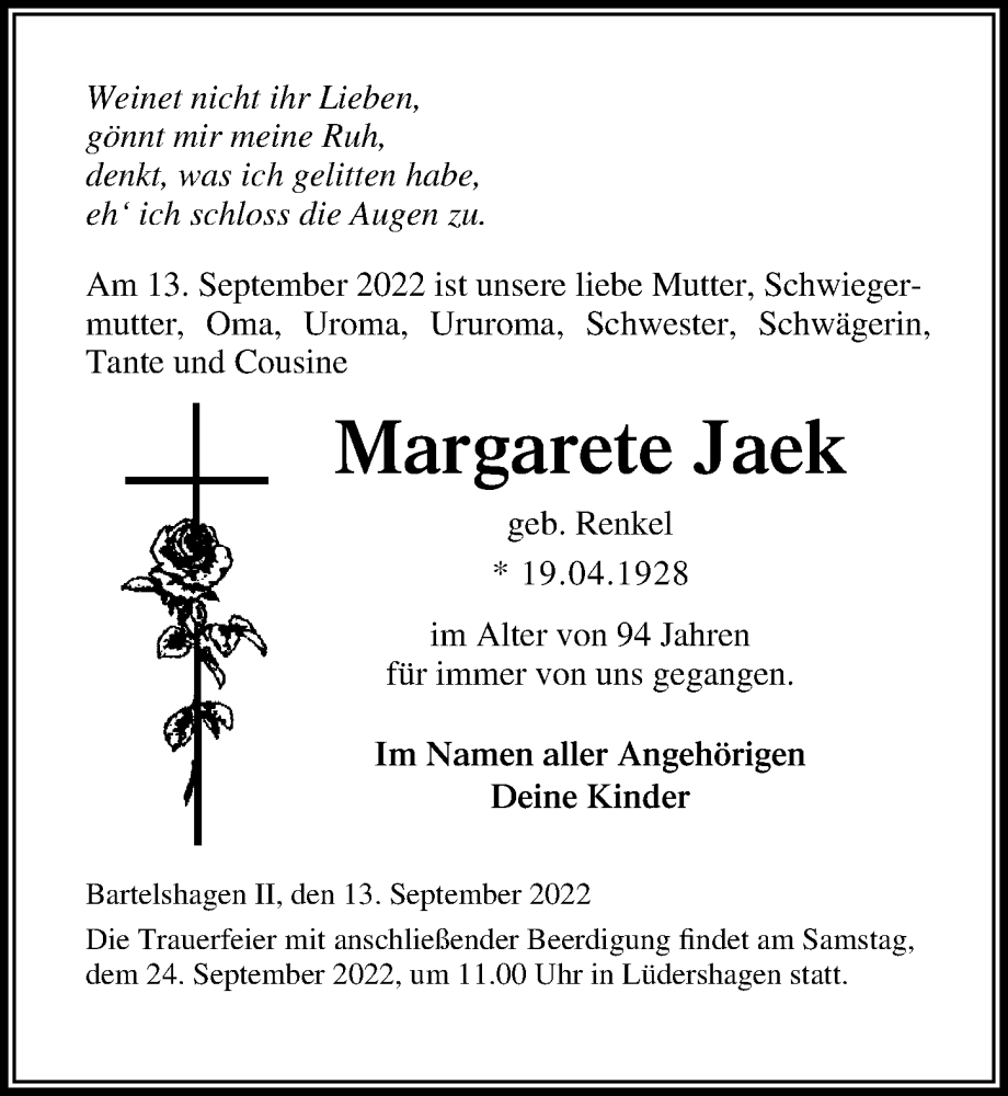  Traueranzeige für Margarete Jaek vom 17.09.2022 aus Ostsee-Zeitung GmbH