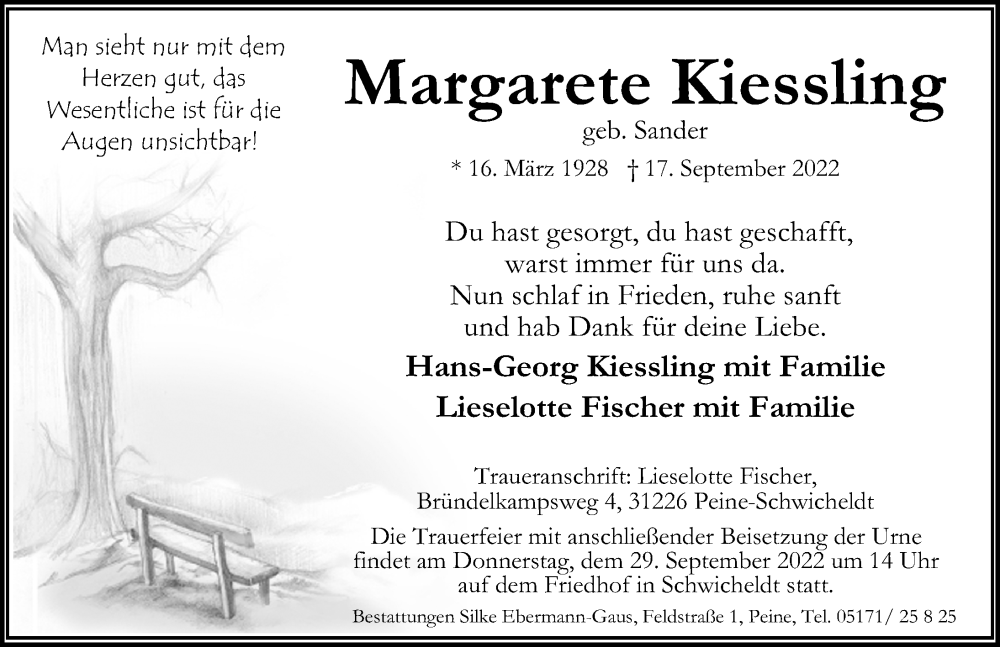  Traueranzeige für Margarete Kiessling vom 21.09.2022 aus Peiner Allgemeine Zeitung