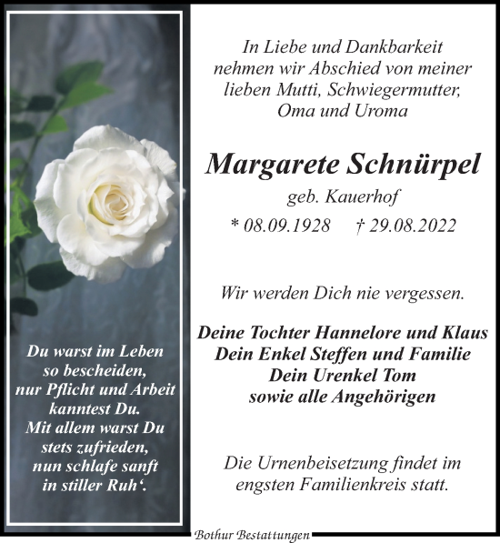 Traueranzeige von Margarete Schnürpel von Leipziger Volkszeitung