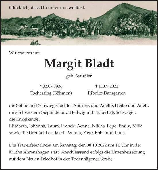 Traueranzeige von Margit Bladt von Ostsee-Zeitung GmbH