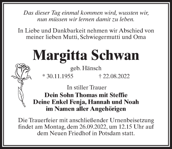 Traueranzeige von Margitta Schwan von Märkischen Allgemeine Zeitung