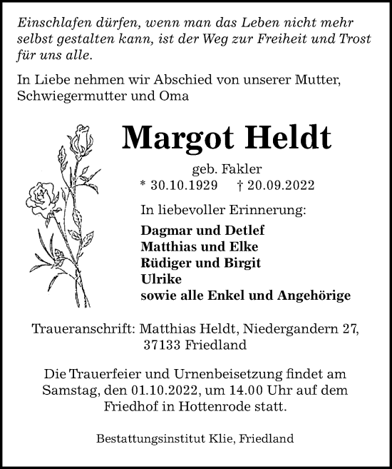 Traueranzeige von Margot Heldt von Göttinger Tageblatt