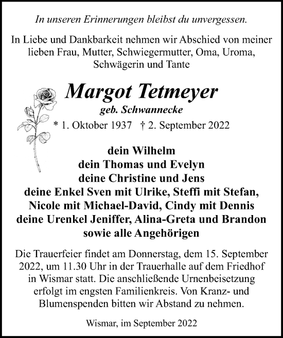 Traueranzeige von Margot Tetmeyer von Ostsee-Zeitung GmbH