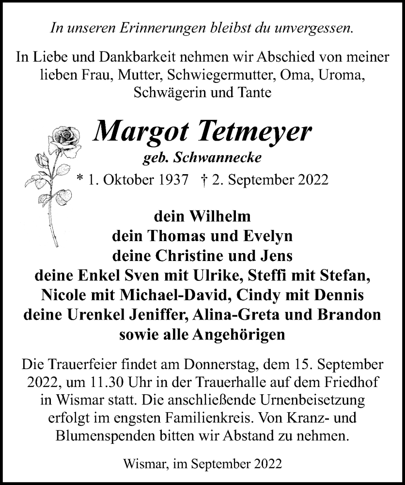  Traueranzeige für Margot Tetmeyer vom 10.09.2022 aus Ostsee-Zeitung GmbH