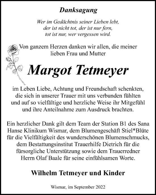 Traueranzeige von Margot Tetmeyer von Ostsee-Zeitung GmbH