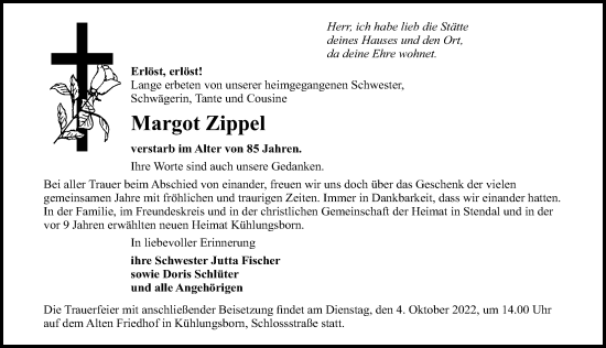 Traueranzeige von Margot Zippel von Ostsee-Zeitung GmbH