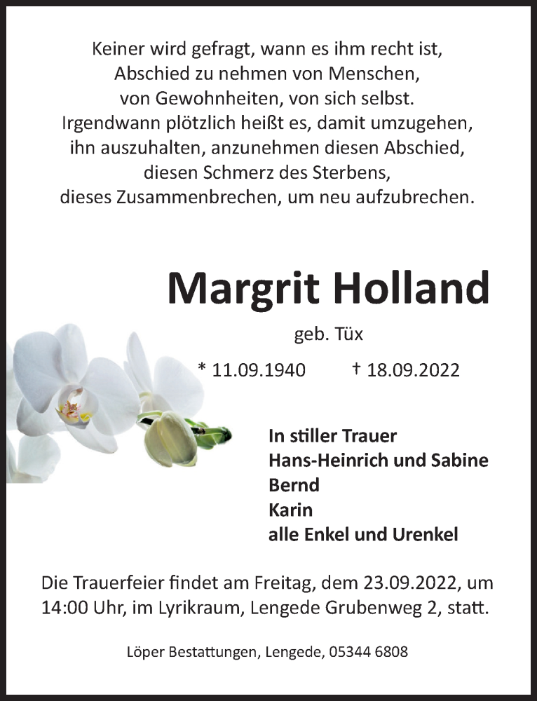  Traueranzeige für Margrit Holland vom 21.09.2022 aus Peiner Allgemeine Zeitung