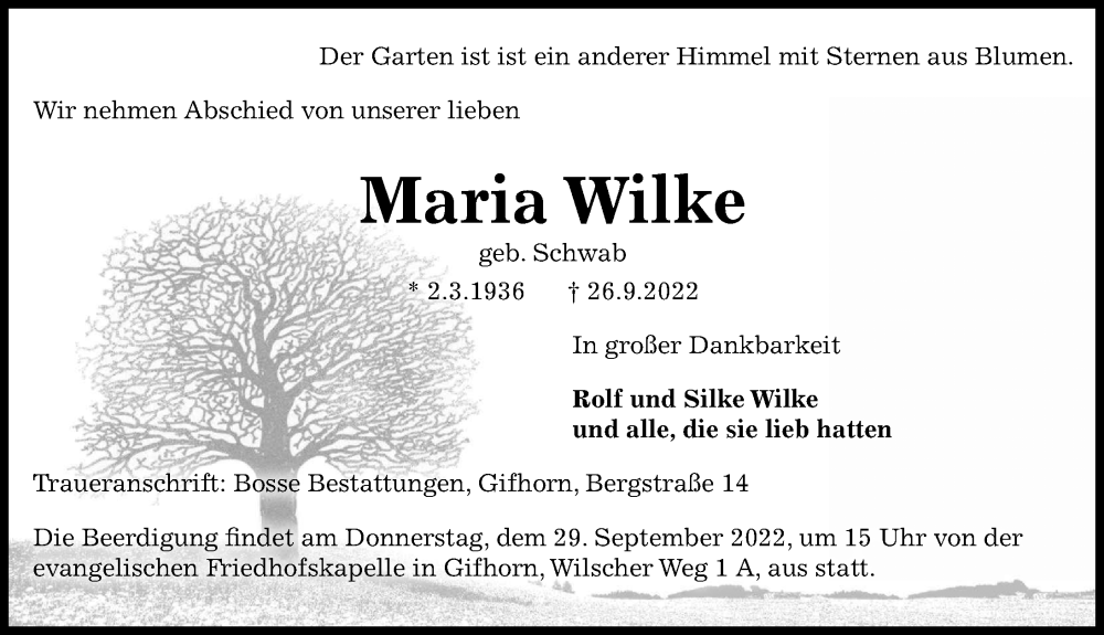  Traueranzeige für Maria Wilke vom 27.09.2022 aus Aller Zeitung