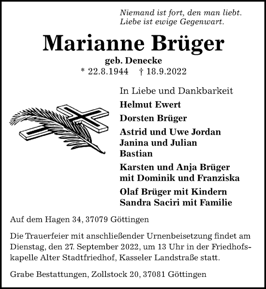 Traueranzeige von Marianne Brüger von Göttinger Tageblatt