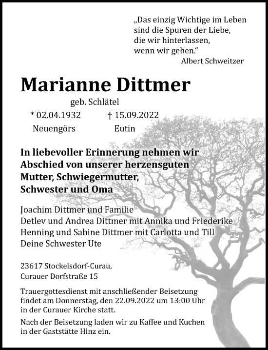 Traueranzeige von Marianne Dittmer von Lübecker Nachrichten