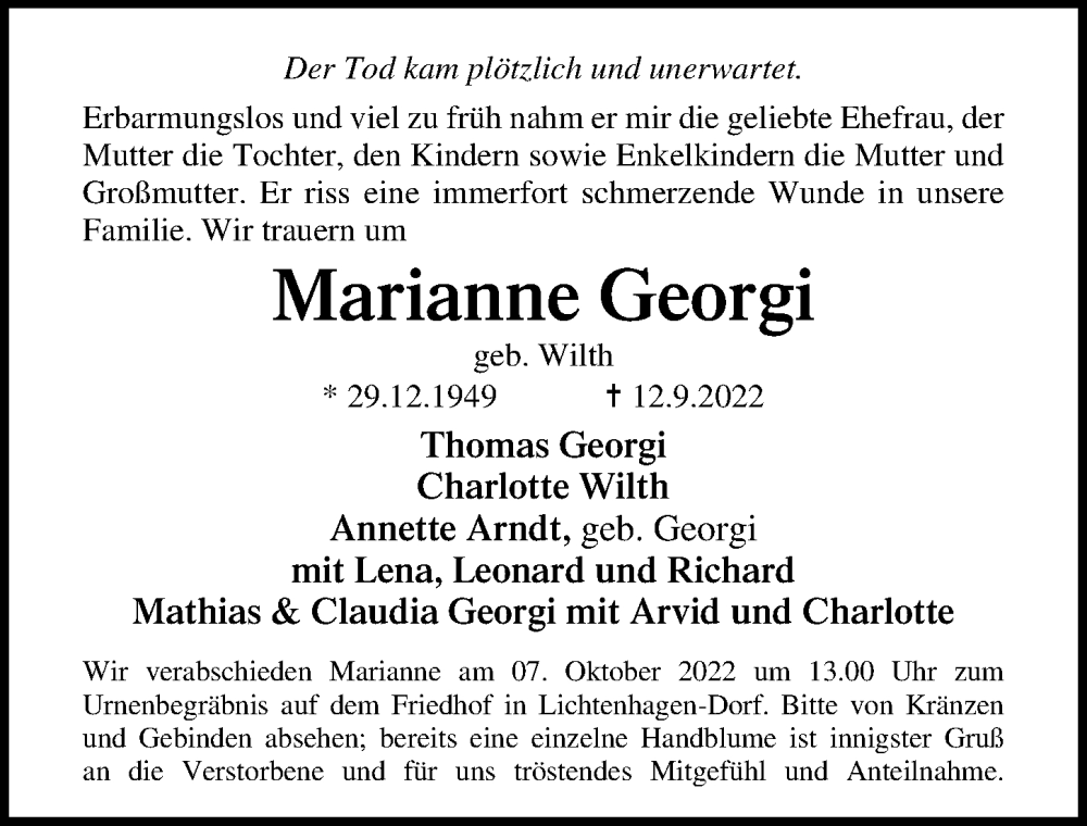  Traueranzeige für Marianne Georgi vom 24.09.2022 aus Ostsee-Zeitung GmbH