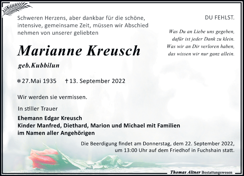  Traueranzeige für Marianne Kreusch vom 17.09.2022 aus Leipziger Volkszeitung