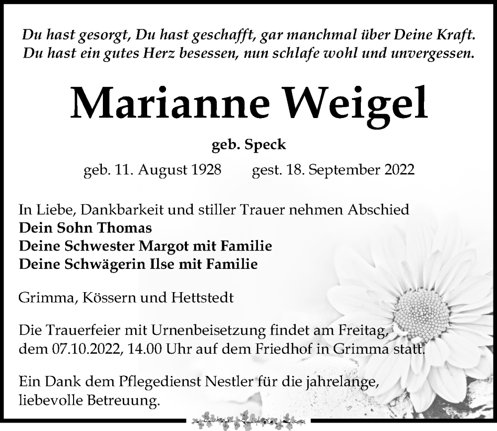 Traueranzeigen von Marianne Weigel | trauer-anzeigen.de