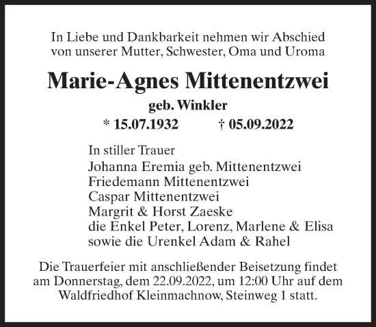Traueranzeige von Marie-Agnes Mittenentzwei von Märkischen Allgemeine Zeitung