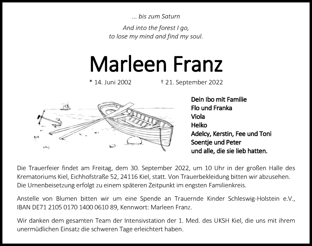  Traueranzeige für Marleen Franz vom 24.09.2022 aus Kieler Nachrichten