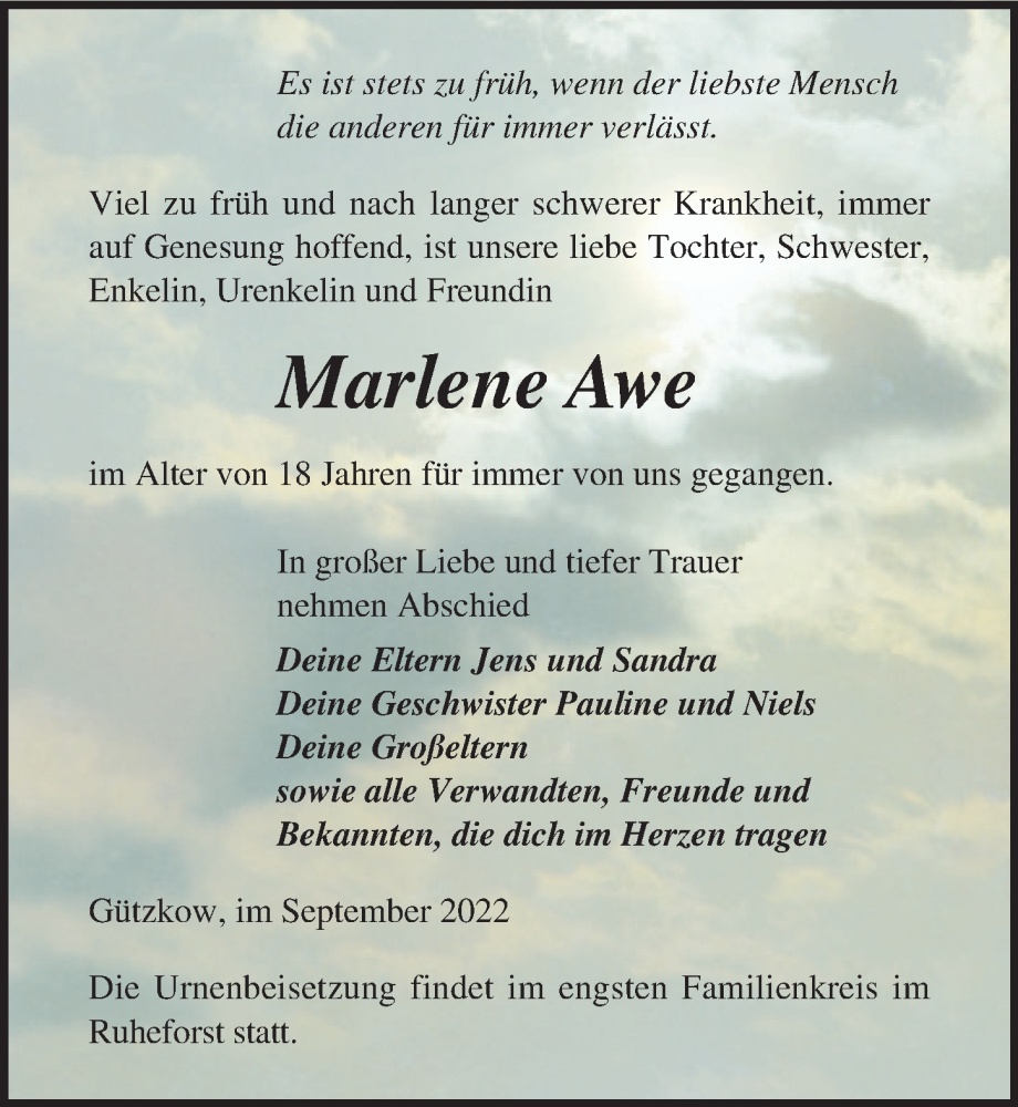  Traueranzeige für Marlene Awe vom 17.09.2022 aus Ostsee-Zeitung GmbH