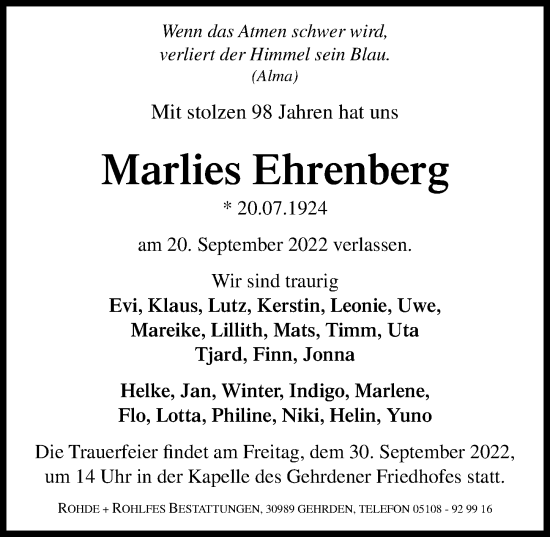 Traueranzeige von Marlies Ehrenberg von Hannoversche Allgemeine Zeitung/Neue Presse