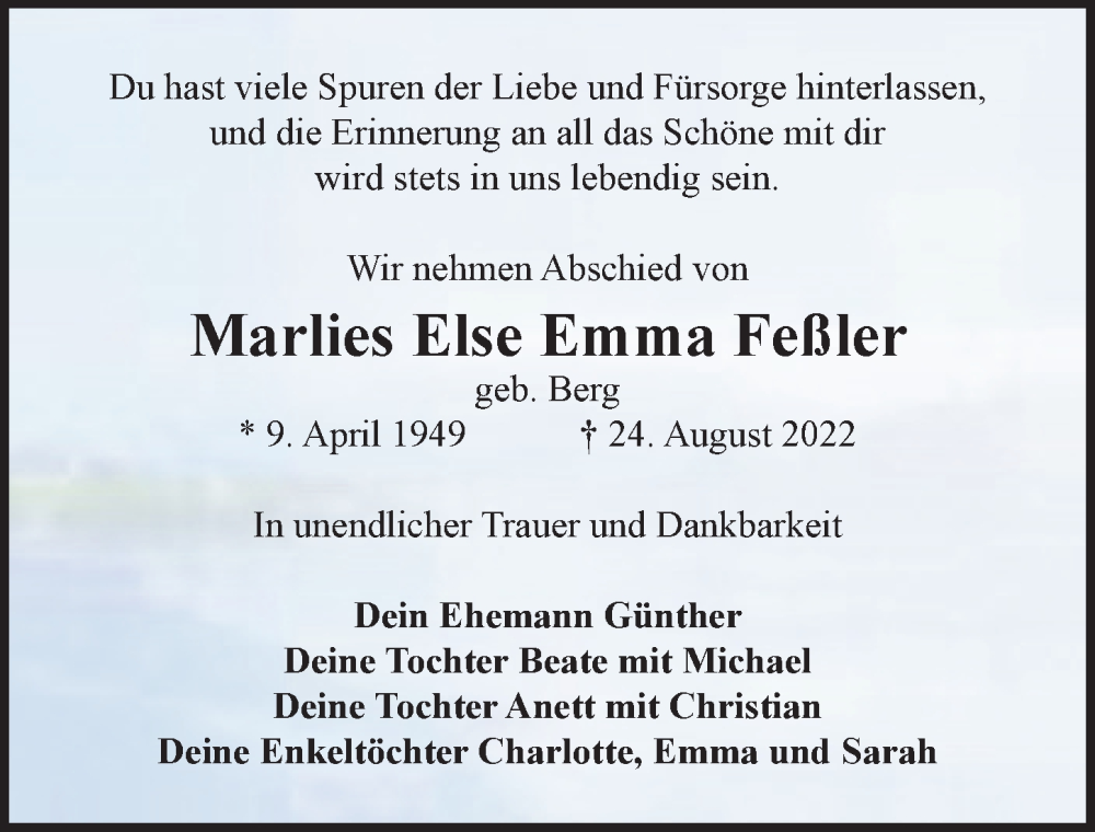  Traueranzeige für Marlies Else Emma Feßler vom 03.09.2022 aus Märkischen Allgemeine Zeitung