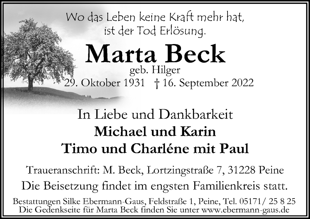  Traueranzeige für Marta Beck vom 21.09.2022 aus Peiner Allgemeine Zeitung