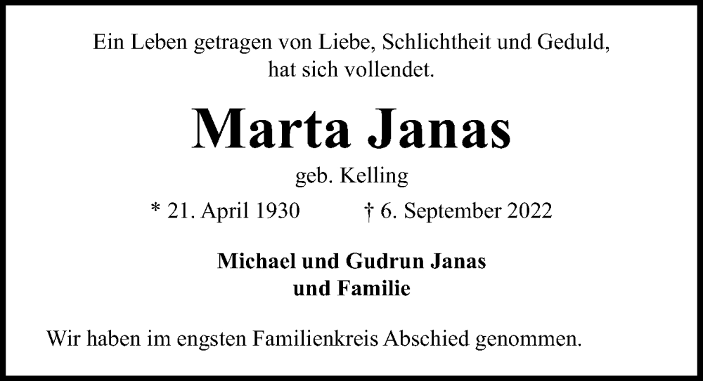  Traueranzeige für Marta Janas vom 14.09.2022 aus Lübecker Nachrichten