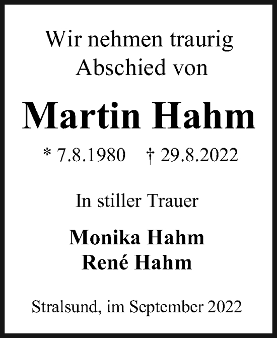 Traueranzeige von Martin Hahm von Ostsee-Zeitung GmbH