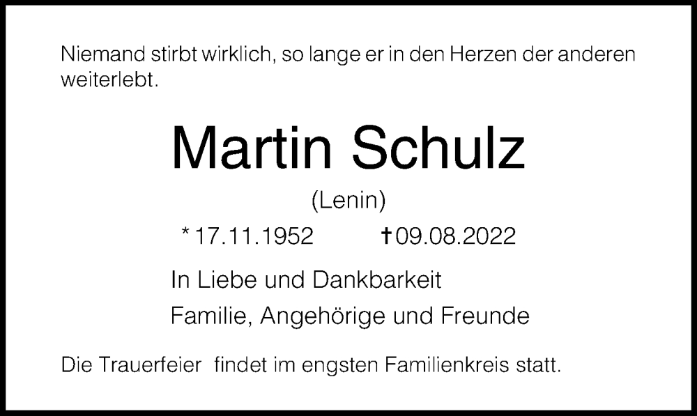  Traueranzeige für Martin Schulz vom 17.09.2022 aus Ostsee-Zeitung GmbH