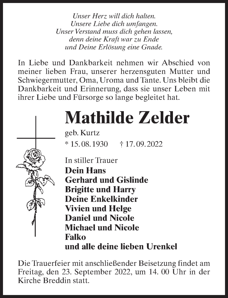  Traueranzeige für Mathilde Zelder vom 21.09.2022 aus Märkischen Allgemeine Zeitung