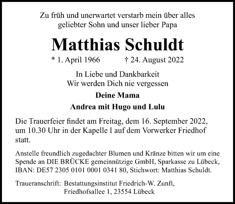  Traueranzeige für Matthias Schuldt vom 11.09.2022 aus Lübecker Nachrichten