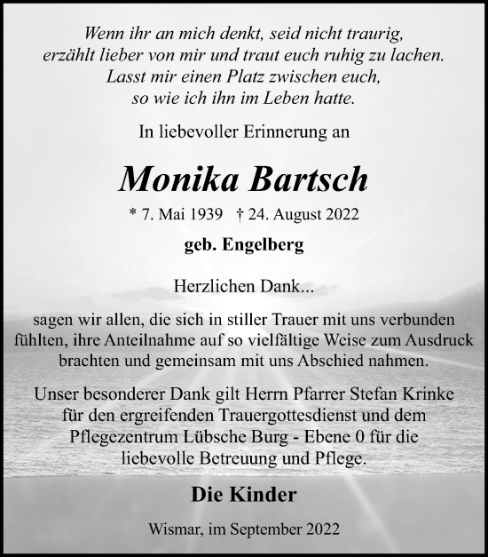 Traueranzeige von Monika Bartsch von Ostsee-Zeitung GmbH