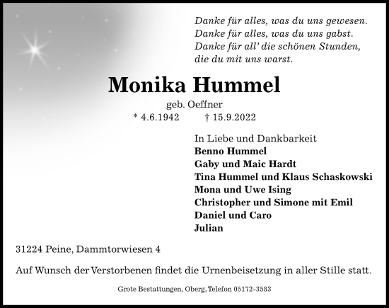 Traueranzeige von Monika Hummel von Peiner Allgemeine Zeitung