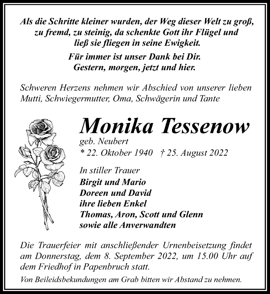  Traueranzeige für Monika Tessenow vom 03.09.2022 aus Märkischen Allgemeine Zeitung