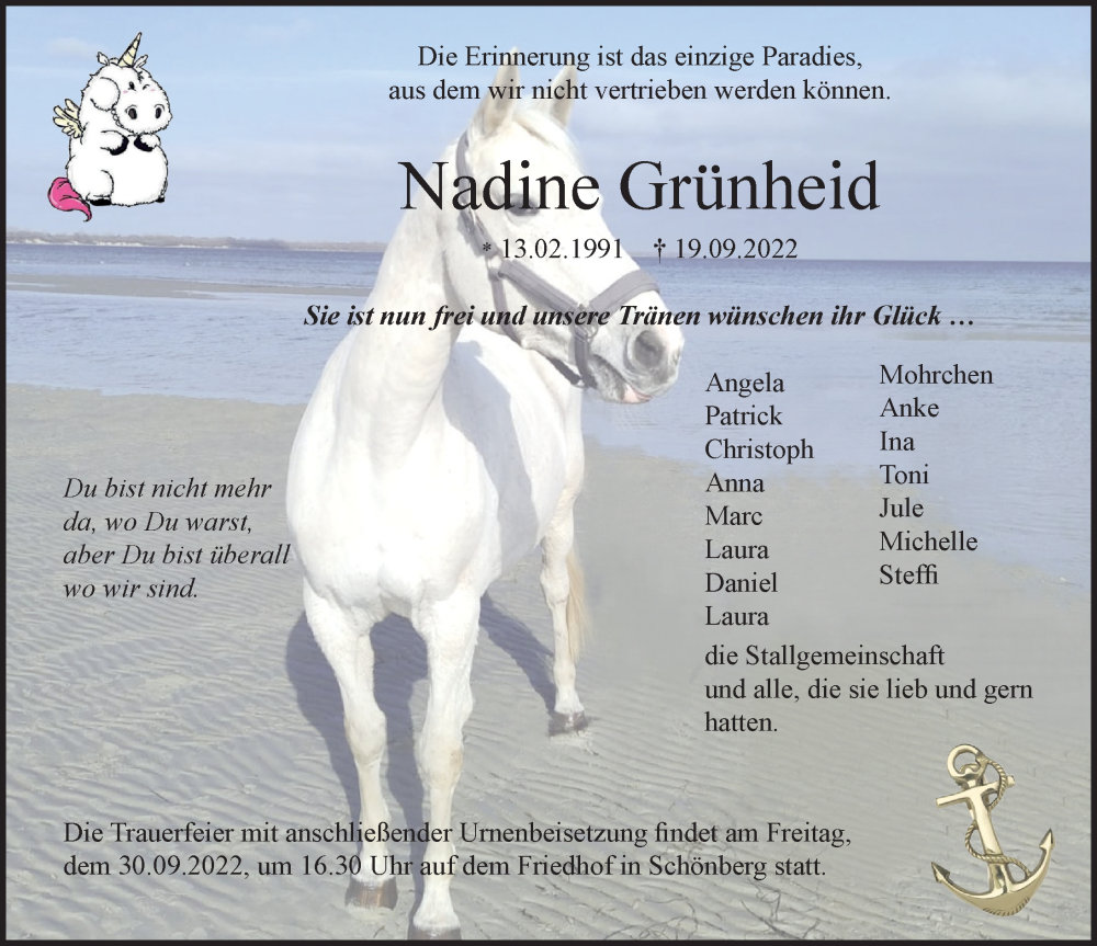  Traueranzeige für Nadine Grünheid vom 28.09.2022 aus Ostsee-Zeitung GmbH